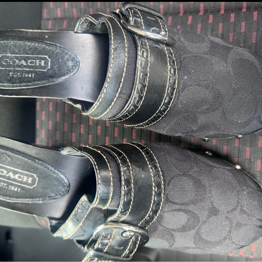 Coach Black Patterned Buckle Clogs - image 1